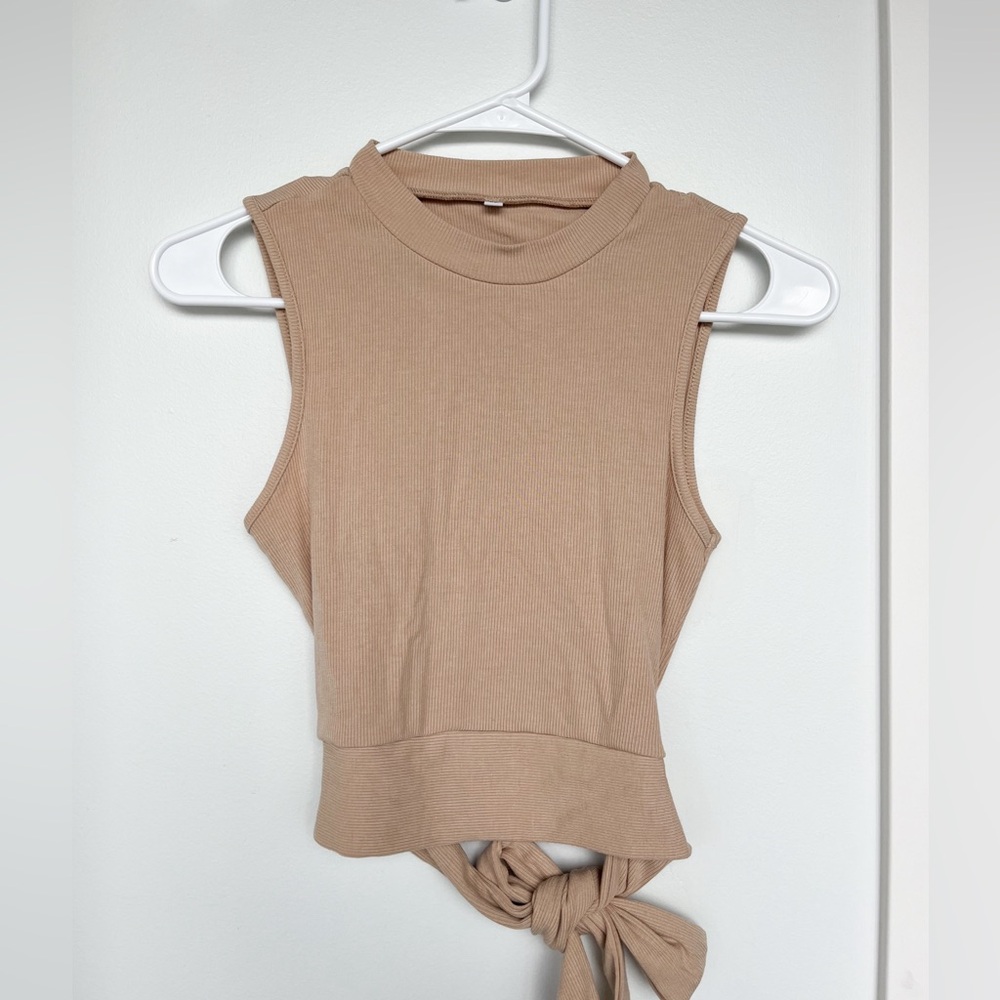 Tan shirt with open back and tie